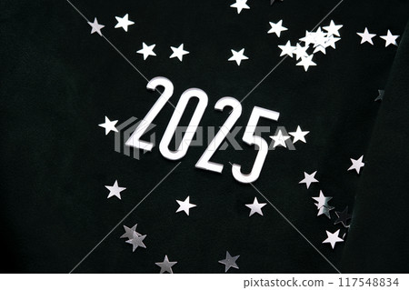 New Year 2025 dark background. Number of the coming year in Christmas decoration. 117548834