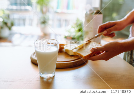 healthy breakfast milk bread and butter 117548870