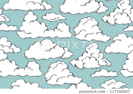 seamless pattern with clouds. print in sketch style. simple blue sky drawing 117548897
