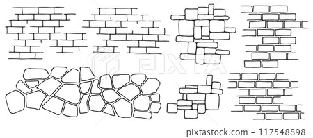 set of brick and stone wall textures, linear drawing in doodle style. 117548898