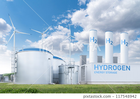 Hydrogen factory with energy storage concept. Green hydrogen production from renewable energy sources. 117548942