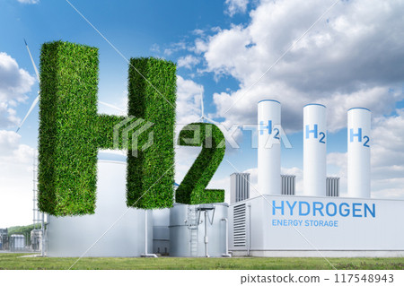 Hydrogen factory with energy storage concept. Green hydrogen production from renewable energy sources. Hydrogen factory with energy storage concept. Green hydrogen production from renewable energy sources. 117548943