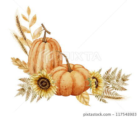 Watercolor illustration with Pumpkins and Sunflowers for harvest festival greeting cards or wedding invitations. Drawing of autumn leaves and fall plants and branches on isolated background. Watercolor illustration with Pumpkins and Sunflowers for harvest festival greeting cards or wedding invitations. Drawing of autumn leaves and fall plants and branches on isolated background. 117548983