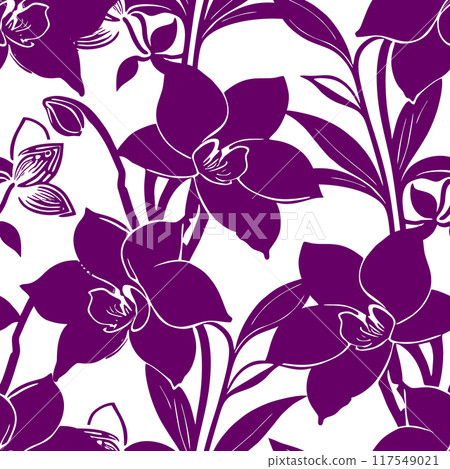seamless purple and white floral pattern, monochrome ornament, design, texture 117549021