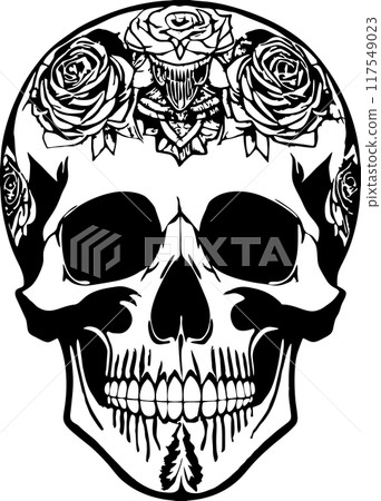 simple black graphic drawing of a human skull, logo, tattoo 117549023