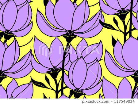 simple contour seamless pattern of purple magnolias on a yellow background, texture 117549024