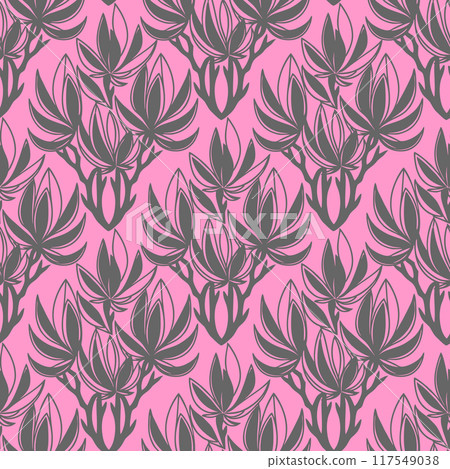 seamless gray graphic floral pattern on pink background, texture 117549038
