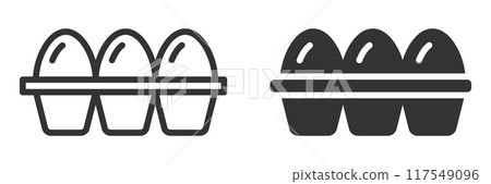 Egg tray icons in outline and silhouette styles, ideal for packaging, grocery, and food industry designs. Vector illustration. 117549096