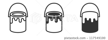 Paint bucket icons with dripping paint in different styles. Great for DIY, renovation, and art themes. Vector illustration. 117549100
