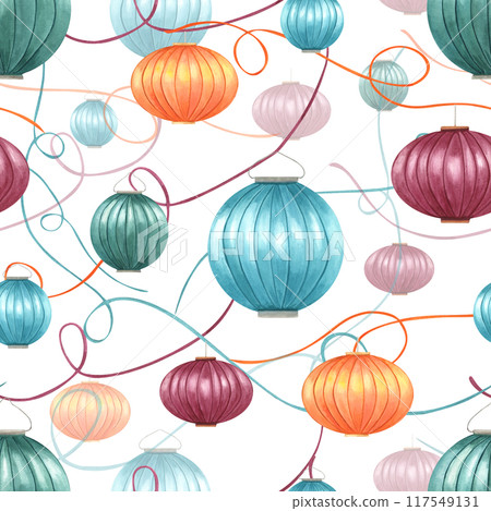 Vibrant seamless pattern of paper lamps. Intertwining ribbons and floating Chinese lantern watercolor illustration. Asian traditional Festival of lights. Ornate for festive designs and celebrations Vibrant seamless pattern of paper lamps. Intertwining ribbons and floating Chinese lantern watercolor illustration. Asian traditional Festival of lights. Ornate for festive designs and celebrations 117549131