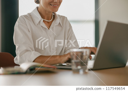 A Focused Professional Engaged in Working on a Laptop Within a Modern Office Setting 117549654