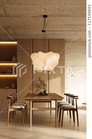 Warmly lit dining room with organic materials and modern lamp, 3d rendering Warmly lit dining room with organic materials and modern lamp, 3d rendering 117549693