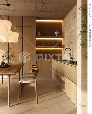 Modern kitchen dining area illuminated by creative lighting fixtures, 3d rendering Modern kitchen dining area illuminated by creative lighting fixtures, 3d rendering 117549694