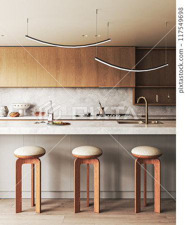 Modern kitchen bar setting with elegant wood finishes and designer lighting, 3d rendering 117549698