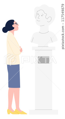 Woman in museum looking on sculpture. Art exhibition 117549879