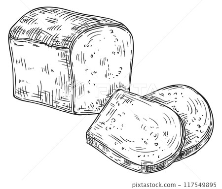 Sliced bread loaf engraving. Cutted bakery sketch Sliced bread loaf engraving. Cutted bakery sketch 117549895
