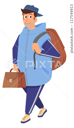 Guy walking with backpack and briefcase. Work trip baggage Guy walking with backpack and briefcase. Work trip baggage 117549913