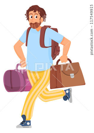 Man running with travel bags. Excited cartoon traveler 117549915