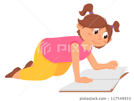 Little girl reading book. Learning child character Little girl reading book. Learning child character 117549933