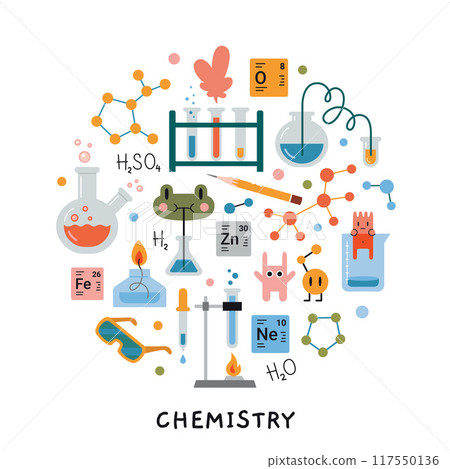 Chemistry lesson at school. Round composition with Laboratory equipment, Test tube, chemical lab stuff and cute characters. Education concept. Vector illustration isolated on white, hand drawn, flat Chemistry lesson at school. Round composition with Laboratory equipment, Test tube, chemical lab stuff and cute characters. Education concept. Vector illustration isolated on white, hand drawn, flat 117550136