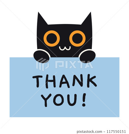 Cute black cat holds a sign in his paws, space for text, banner with the inscription Thank you. Vector illustration isolated on white, hand drawn, flat design 117550151