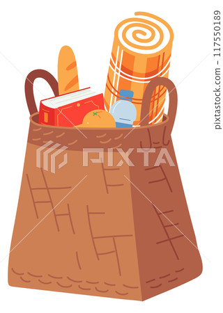 Woven bag with picnic food and book. Summer leisure icon Woven bag with picnic food and book. Summer leisure icon 117550189