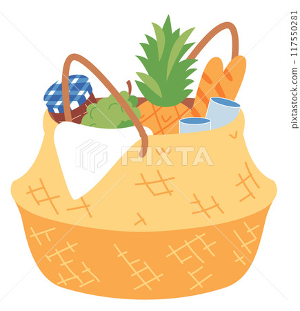 Summer picnic food basket. Color lunch wicker Summer picnic food basket. Color lunch wicker 117550281