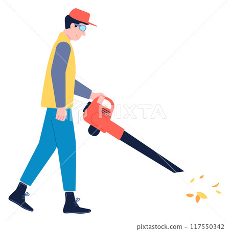 Man cleaning leaves from ground. Autumn garden worker 117550342