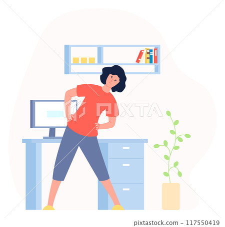 Stretching at workplace illustration. Woman exercise Stretching at workplace illustration. Woman exercise 117550419