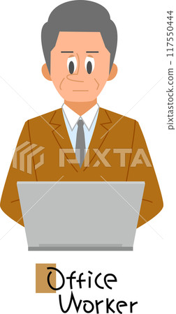 A middle-aged man in a suit doing desk work facing forward 117550444