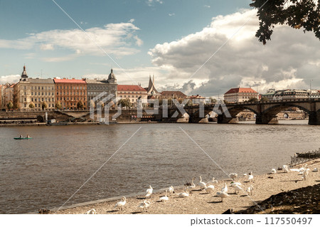 Palacky Bridge - Prague, Czech Republic. View of the embankment with historical buildings. Panorama of the Vltava bank. 117550497