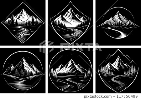 Set of vector templates with mountains, forest on black background 117550499