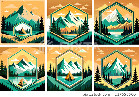 Set of vector templates with mountains, forest and tent in green shades 117550500