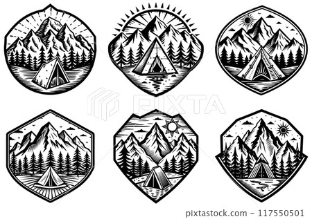 Set of vector templates with mountains, forest and tent on white background 117550501