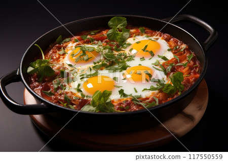 shakshuka on the table in reataurant on dark background. 117550559