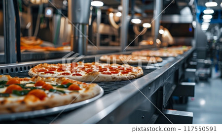 Pizza running on conveyor belt 117550591