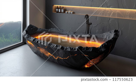 Bathtub made of volcanic material with lava veins 117550623
