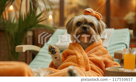 Pampered dog in Spa Bathrobe Pampered dog in Spa Bathrobe 117550657