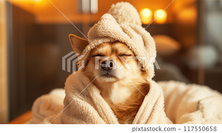 Pampered dog in Spa Bathrobe Pampered dog in Spa Bathrobe 117550658