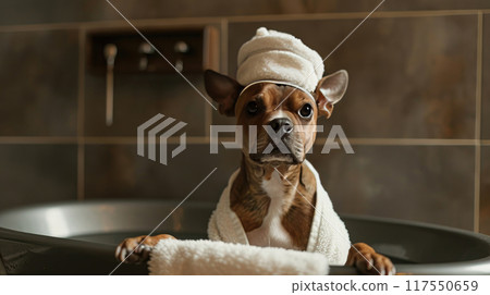 Pampered dog in Spa Bathrobe Pampered dog in Spa Bathrobe 117550659