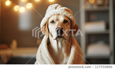 Pampered dog in Spa Bathrobe Pampered dog in Spa Bathrobe 117550660