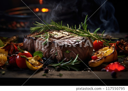 Grilled beef, grilled vegetables, in a luxurious kitchen, ultra detailed. 117550795