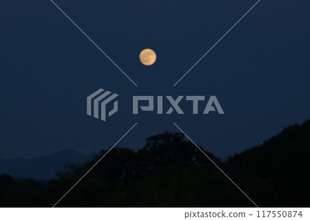 The small moon that just rose is an orange color, as seen from Hakushu-cho, Hokuto City. 117550874