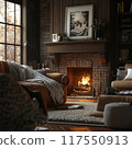 Cozy Living Room with Fireplace Surrounded by Beautiful Autumn Views Outside Cozy Living Room with Fireplace Surrounded by Beautiful Autumn Views Outside 117550913