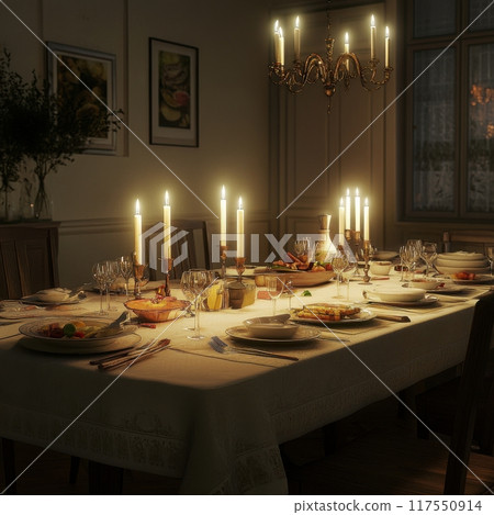 Elegant and Beautiful Candlelit Dinner Table Setting Designed for Fine Dining Elegant and Beautiful Candlelit Dinner Table Setting Designed for Fine Dining 117550914