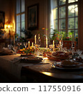 Elegant Dinner Setup with Soft Candles and Exquisite Gourmet Cuisine Experience Elegant Dinner Setup with Soft Candles and Exquisite Gourmet Cuisine Experience 117550916