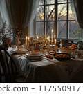 Elegant Candlelit Dinner Table Setting Enhanced by Natural Light, Cozy Ambiance Elegant Candlelit Dinner Table Setting Enhanced by Natural Light, Cozy Ambiance 117550917