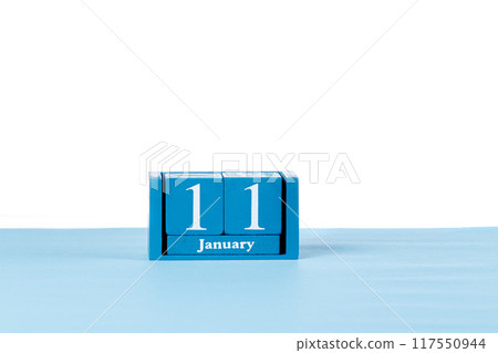 Wooden calendar January 11 on a white background 117550944