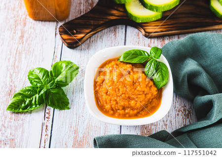 Homemade vegetable vegetarian squash caviar in a bowl on the table Homemade vegetable vegetarian squash caviar in a bowl on the table 117551042