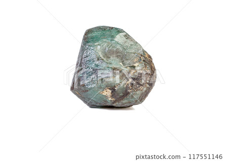 macro mineral stone alexandrite bluish - green with fluorescent light on a white background 117551146